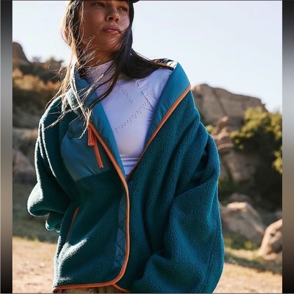 Freepeople teal and orange shawl fleece jacket with pockets